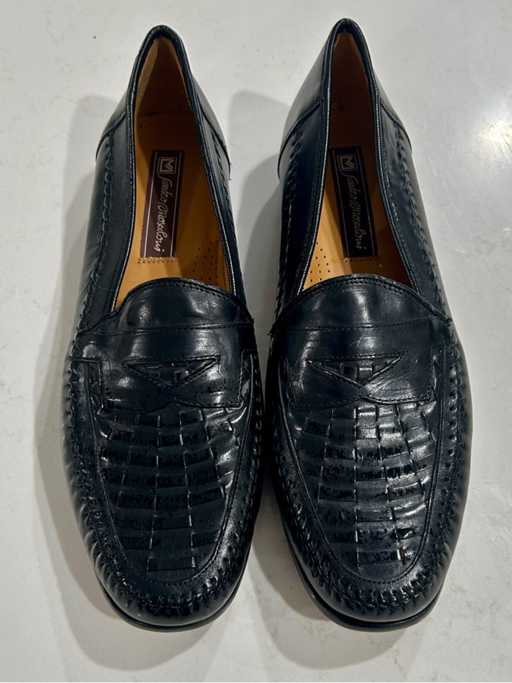 Sandro Moscoloni Black Leather Woven Penny Loafers
